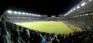 Crowded soccer stadium during World Cup match
