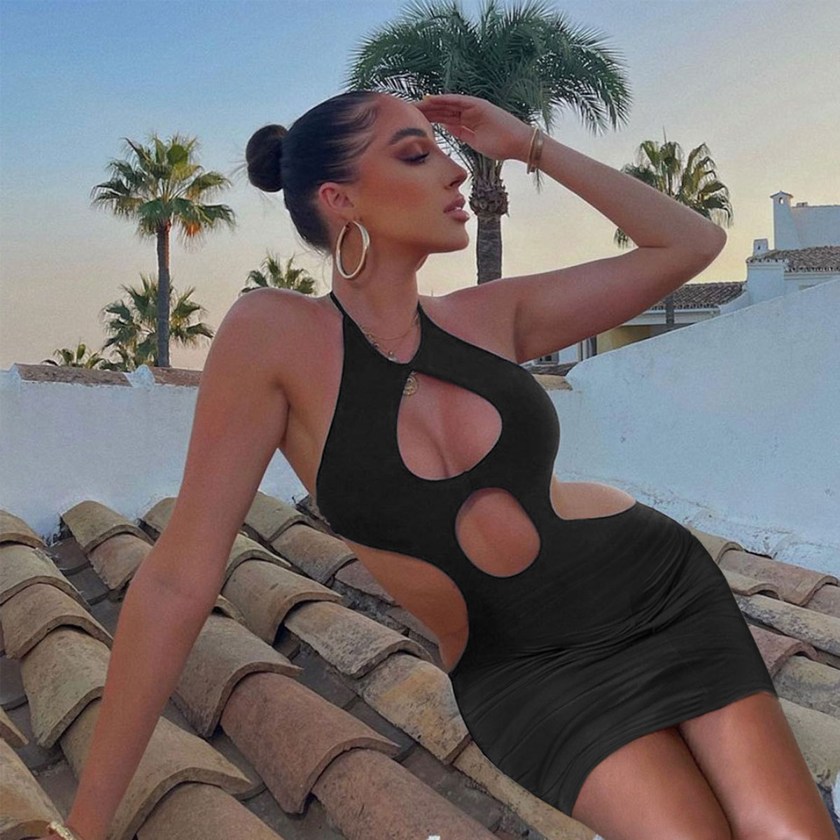 فستان صيفي جديد برباط أمامي وظهر مكشوف، بتصميم أوروبي وأمريكي، بخصر مفتوح وكسرات عند الوركين - الصورة 8
